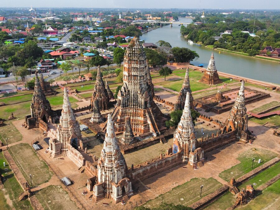 The prangs of Wat Chaiwatthanaram in Ayutthaya from the air